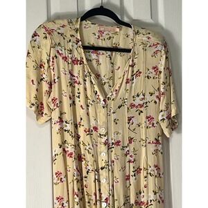 La Cera Yellow Floral Button Front Midi Dress Short Sleeve Tie Back Womens Large